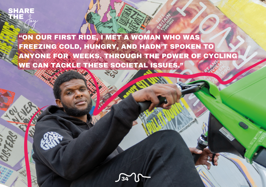 Community Organiser and designer of the share the joy book Verral Paul Walcott, sits on a Lime Bike with a quote by him provided overhead